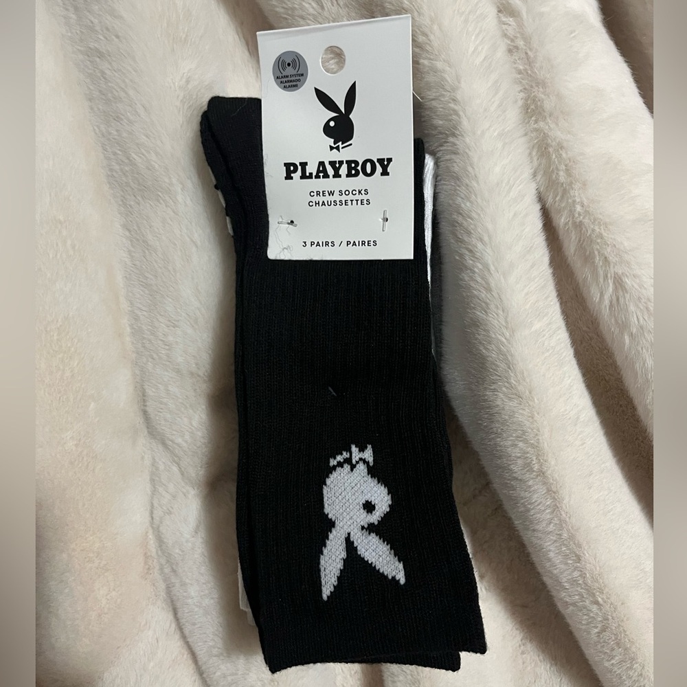 3 pairs Playboy Crew Socks - Black, White, Gray